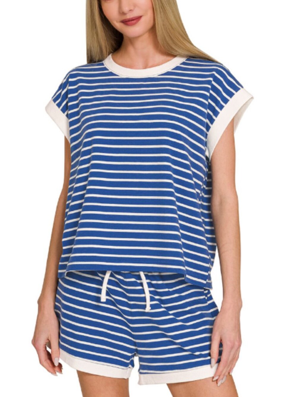 144. NWT - Zenana Stripe contrast trim rib banded top & shorts set in light navy